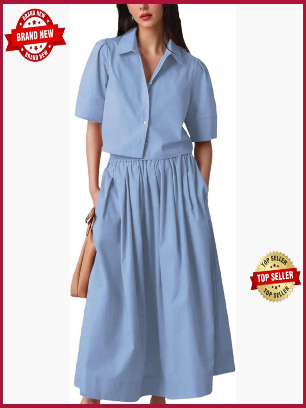 Women's 2 Piece Skirt Set Short Sleeve Top Maxi Skirt with Pockets